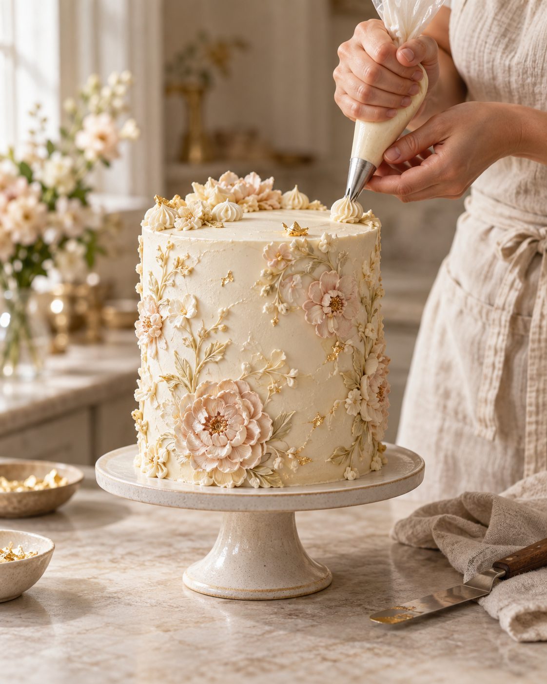 Hayette en train de décorer un gâteau fleuri