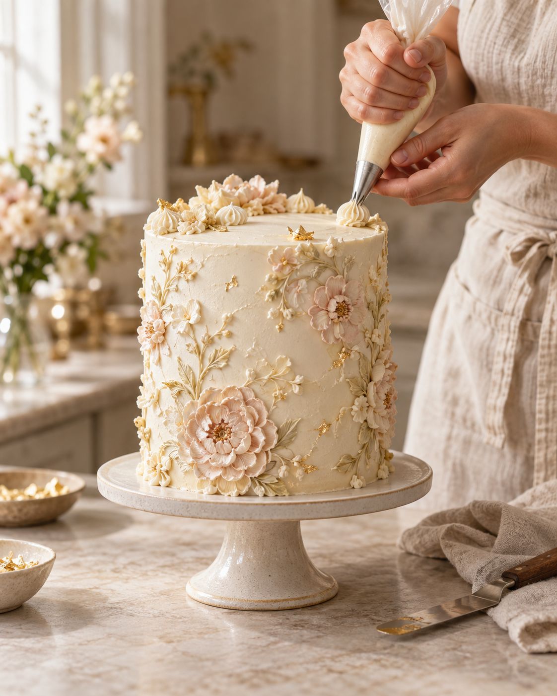 Hayette au travail, décoration florale sur un gâteau